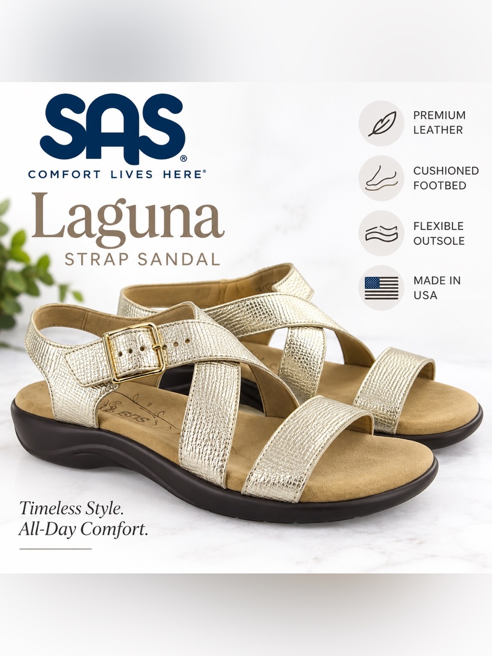 SAS Laguna Womens 8N Gold Metallic Leather Strap Comfort Sandals USA